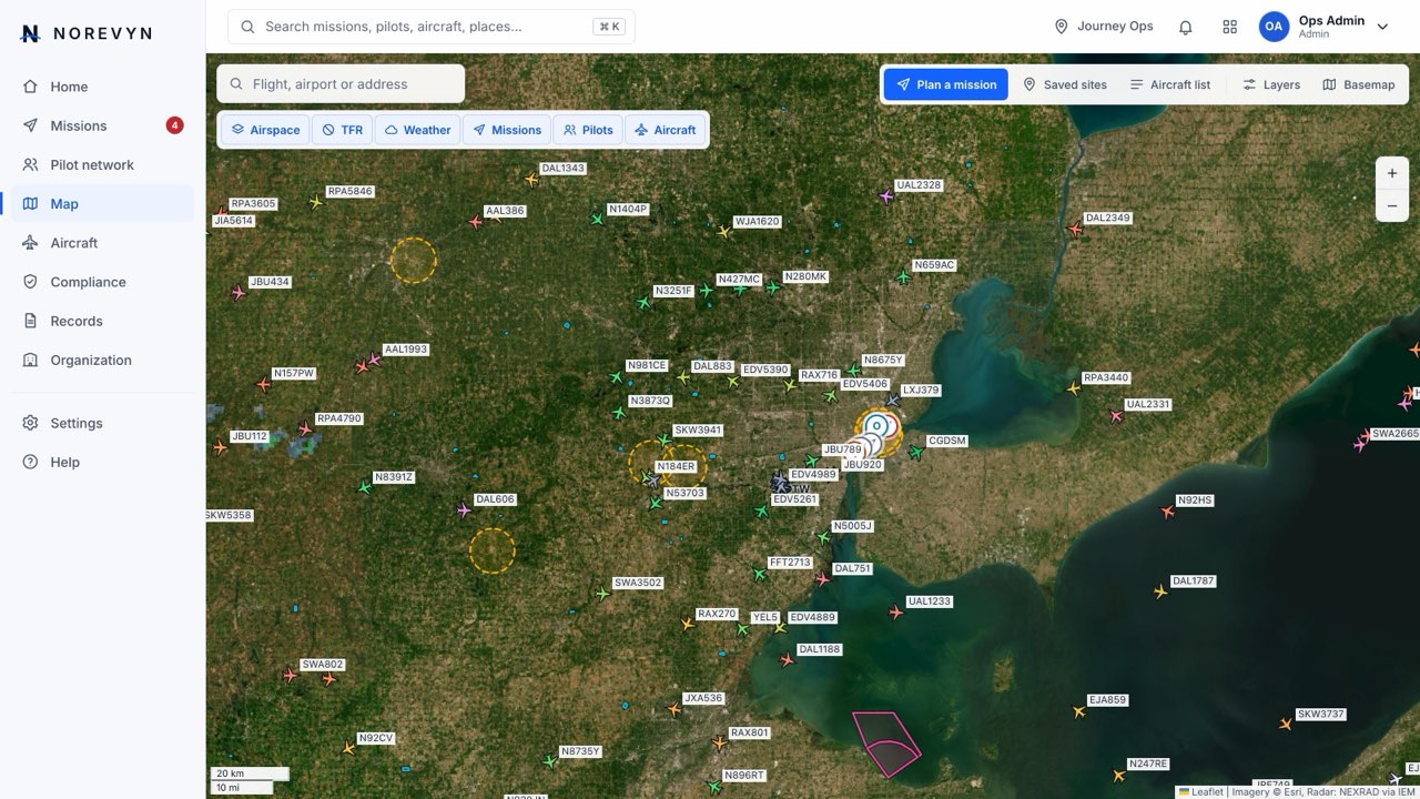 The NOREVYN map: live air traffic, published FAA restrictions, weather radar and planned mission areas over satellite imagery.